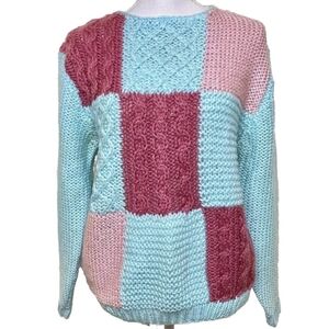 Vintage Country Craft Crochet Style Sweater Chunky Knit Color Block Size Large